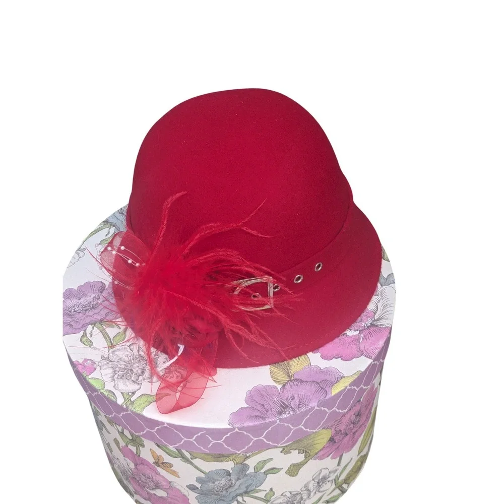 Vintage Style Red Wool Cloche Hat with Feather and Buckle Detail - One Size